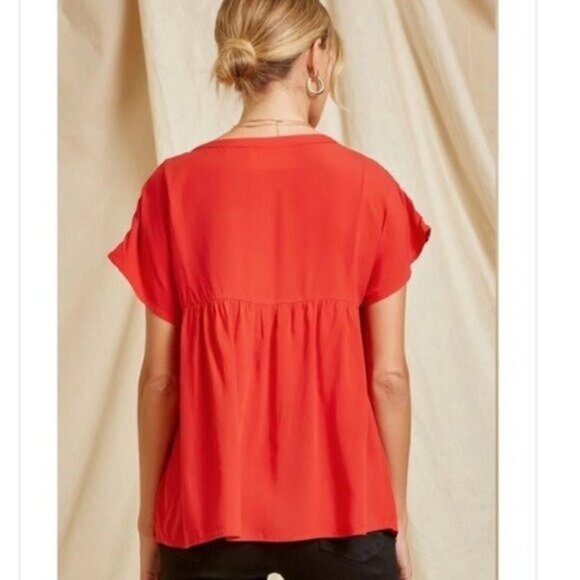 Savanna Jane Embroidered Red Short Sleeve Blouse with Tassel Ties - Picture 7 of 7